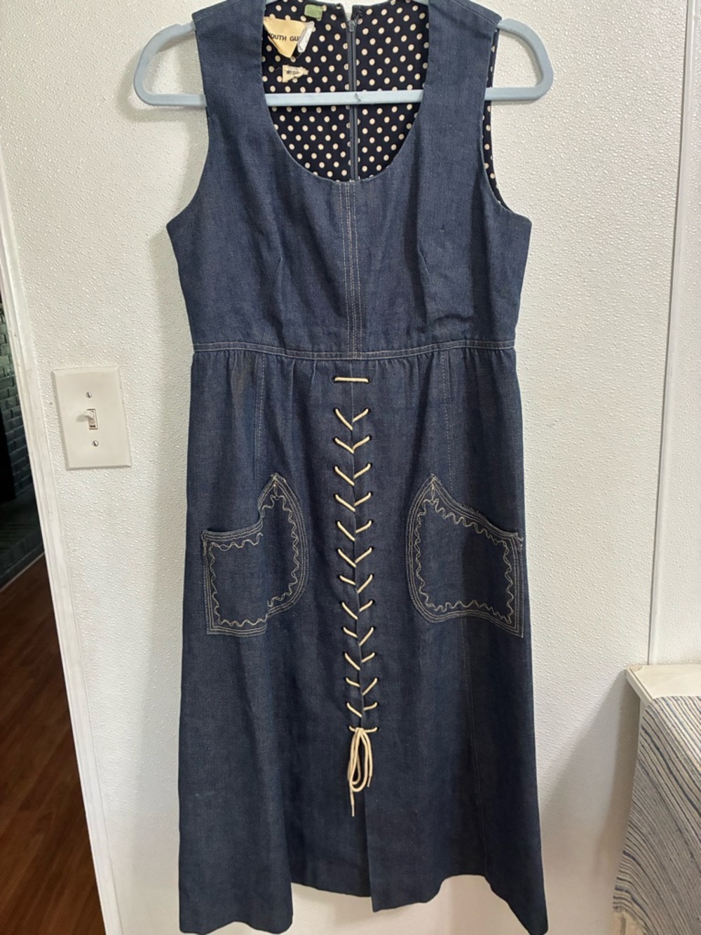 Vintage Youth Guild Denim Lace-Up Sleeveless Midi Dress - Navy
